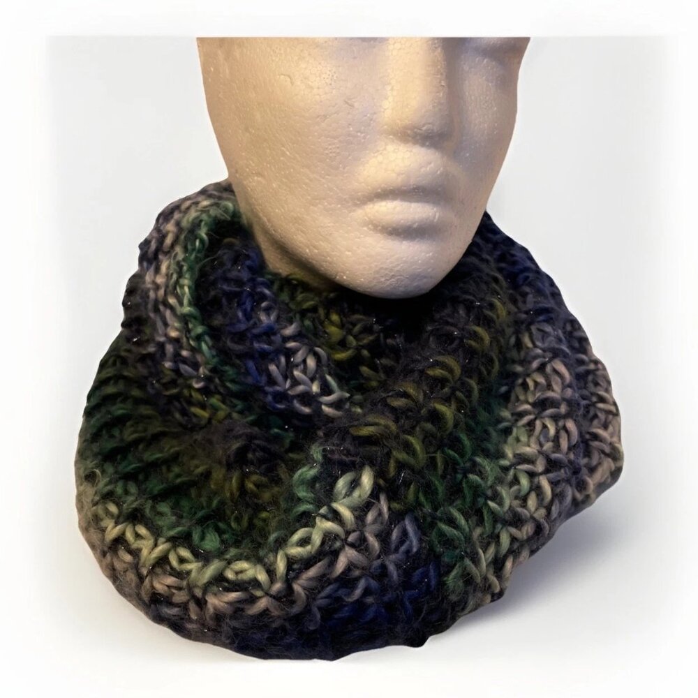 Blue Green Black Chunky Knitted Infinity Cowl Scarf with Sparkle Accents